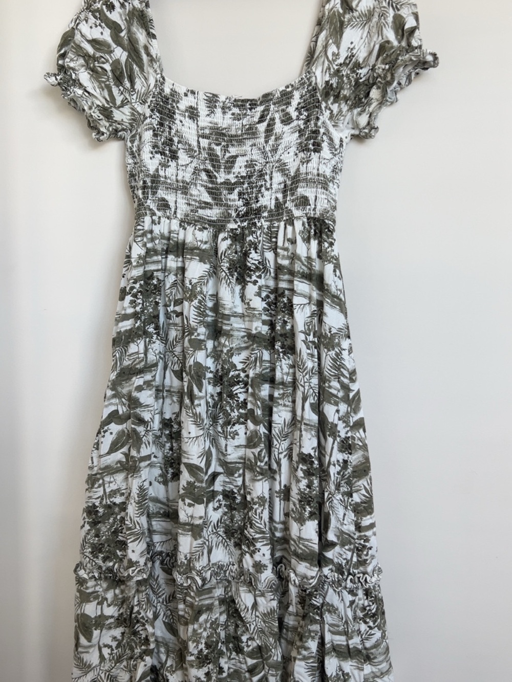 The Kooples Olive & White Smocked Midi Dress